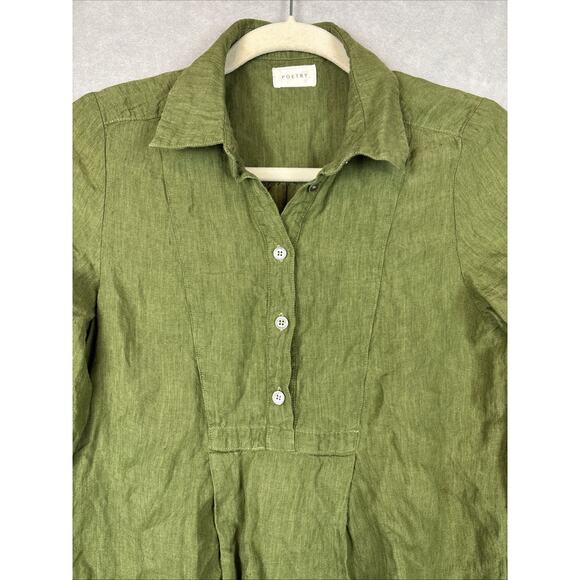 Poetry Dress Size 2 100% Linen Green 3/4 Sleeve Button Side Slit Pockets Preppy - Picture 2 of 11